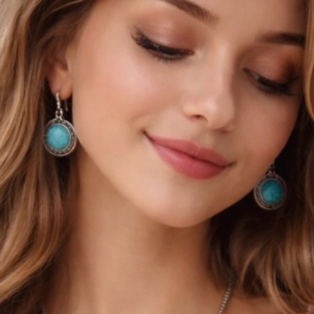 Turquoise & Silver Tone Boho Statement Necklace & Earrings Set Festival Western - Picture 3 of 6